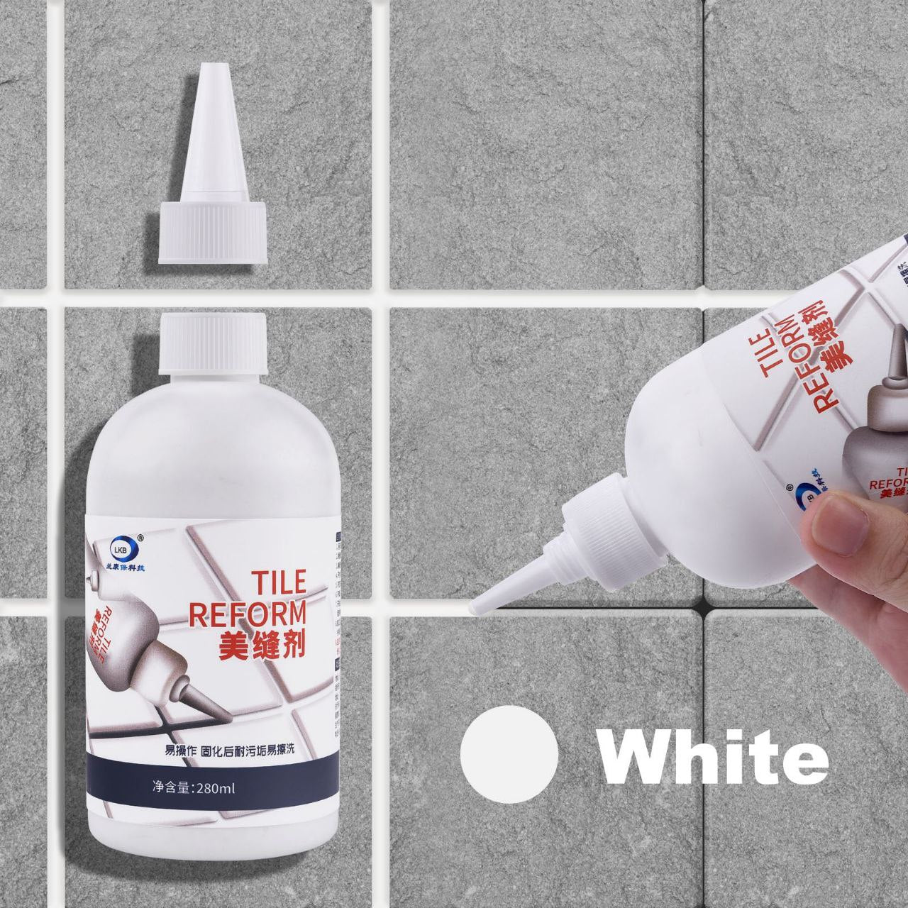 Un réparateur et rénovateur de joints pour carrelage, couleur blanche, en bouteille de 280 ml