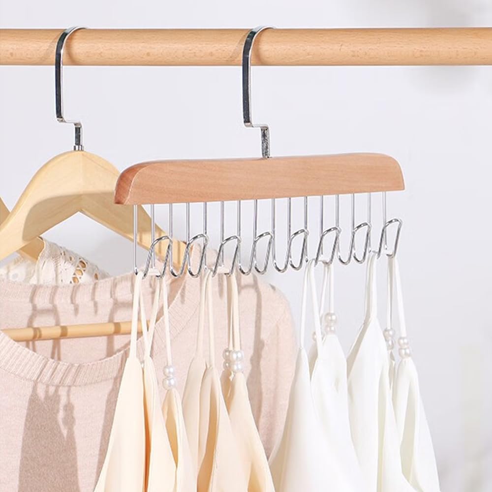 Support Multifonction en Bois à 8 Crochets pour Cintres et Accessoires