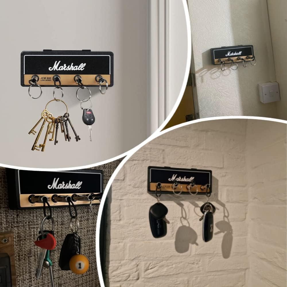 Un porte-clés mural original en forme d’ampli guitare avec des fiches jack comme accroches