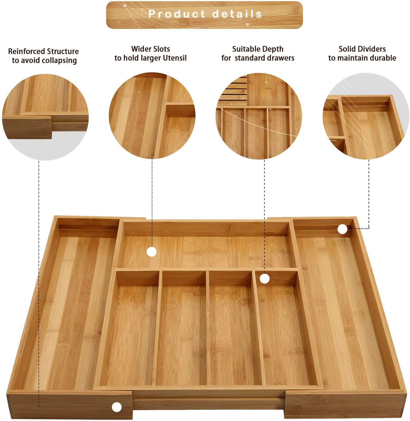 Organisateur de tiroir en bambou extensible