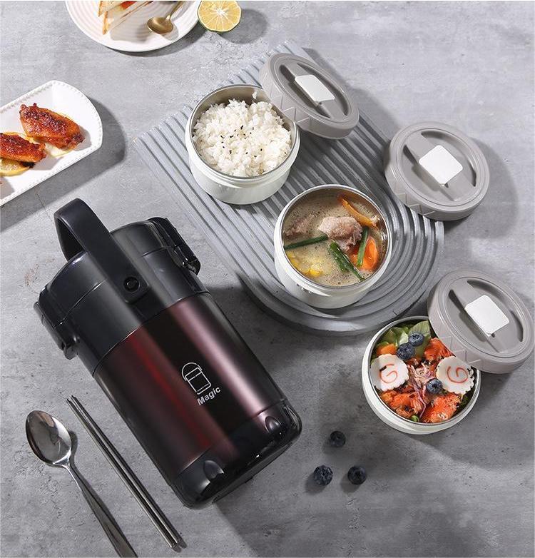Thermos Isotherme en Acier Inoxydable avec Compartiments Séparés et Sangle Ajustable