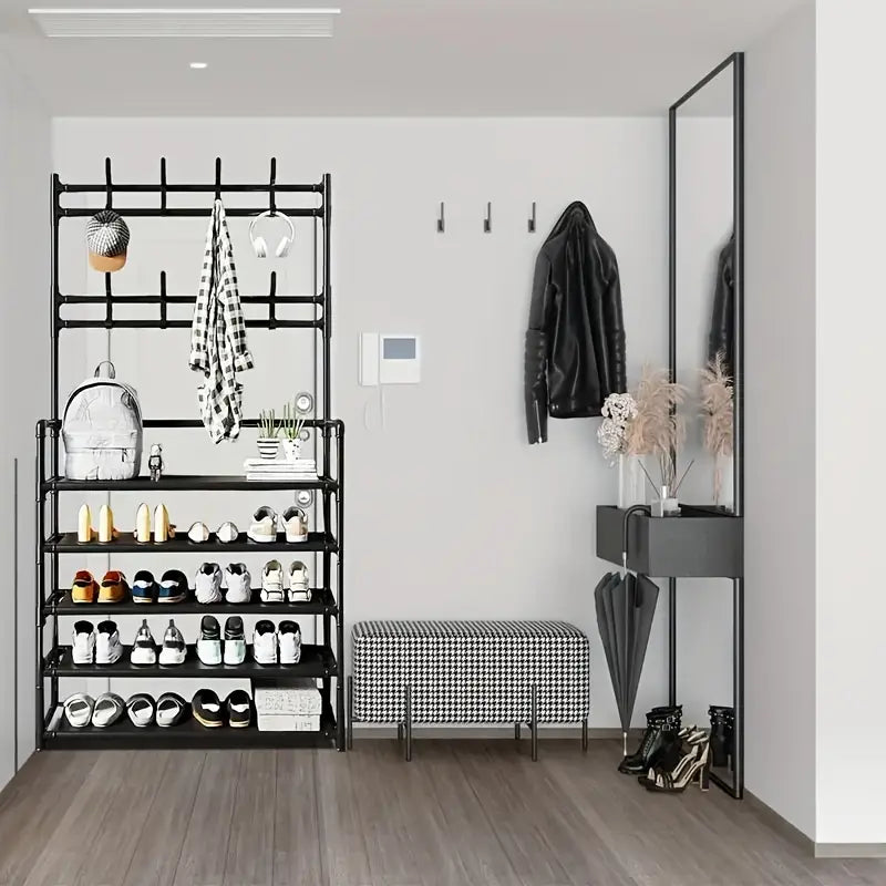 Organisateur d’Entrée Multifonctionnel en Fer avec Porte-Chaussures et Crochets à Manteaux