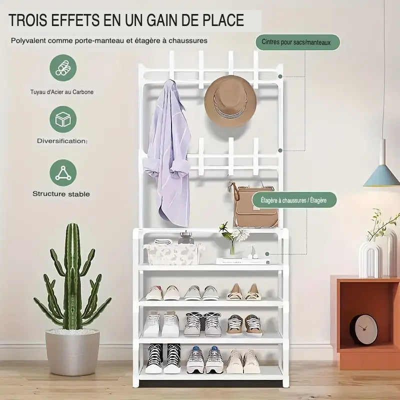 Organisateur d’Entrée Multifonctionnel en Fer avec Porte-Chaussures et Crochets à Manteaux