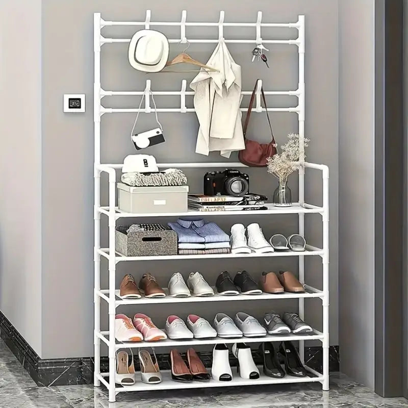 Organisateur d’Entrée Multifonctionnel en Fer avec Porte-Chaussures et Crochets à Manteaux