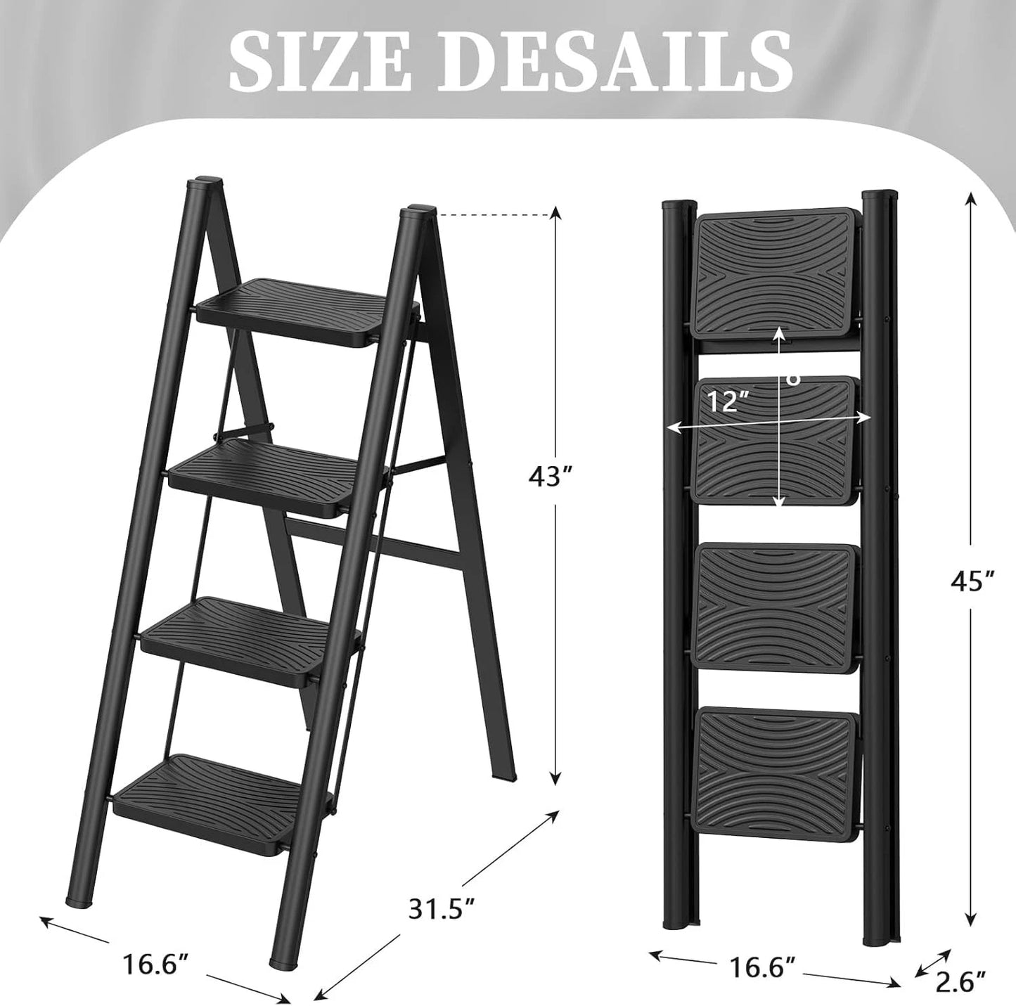 Escabeau Pliable 4 Marches en Métal Noir – Antidérapant 150 kg