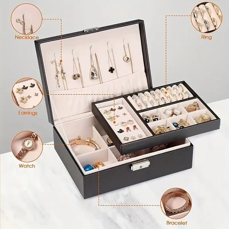 Boîte de Rangement pour Bijoux en Cuir Grande Capacité