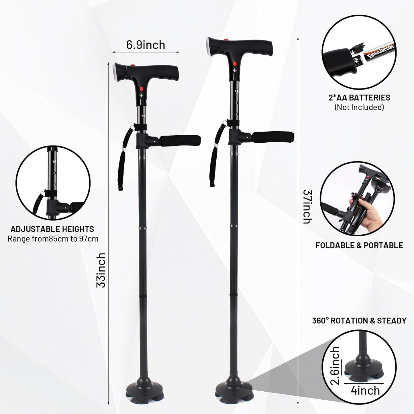 Bâton de Marche Réglable pour Seniors avec Alarme SOS Lumière LED