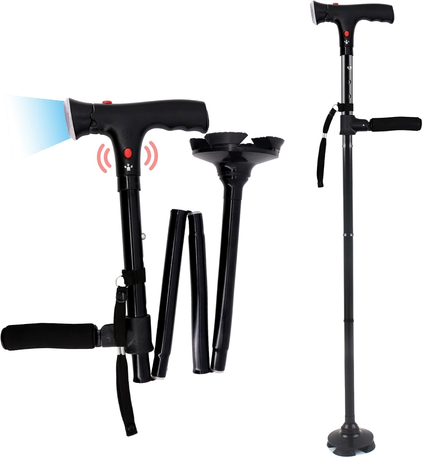 Bâton de Marche Réglable pour Seniors avec Alarme SOS Lumière LED