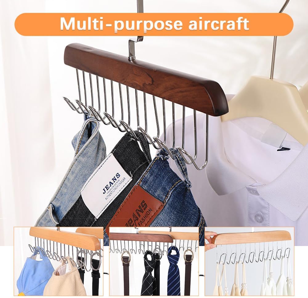 Support Multifonction en Bois à 8 Crochets pour Cintres et Accessoires