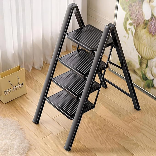 Escabeau Pliable 4 Marches en Métal Noir – Antidérapant 150 kg