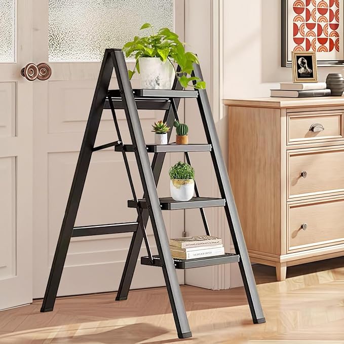 Escabeau Pliable 4 Marches en Métal Noir – Antidérapant 150 kg