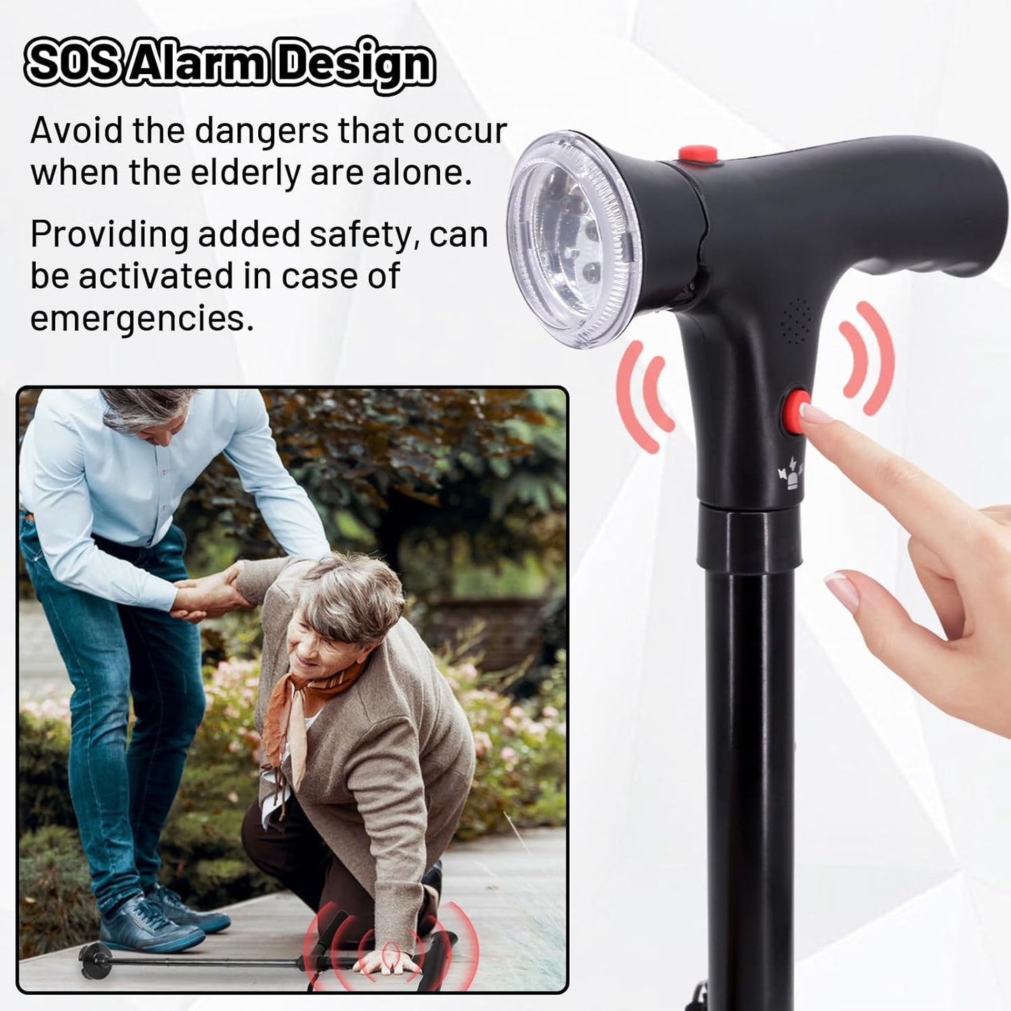 Bâton de Marche Réglable pour Seniors avec Alarme SOS Lumière LED