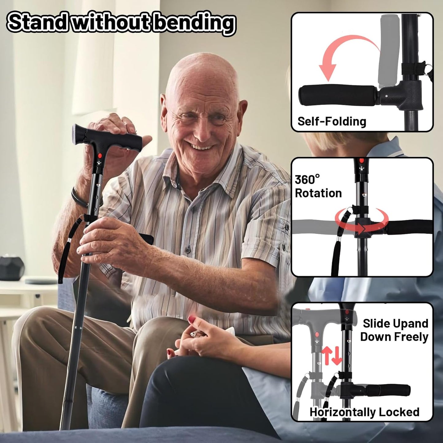 Bâton de Marche Réglable pour Seniors avec Alarme SOS Lumière LED