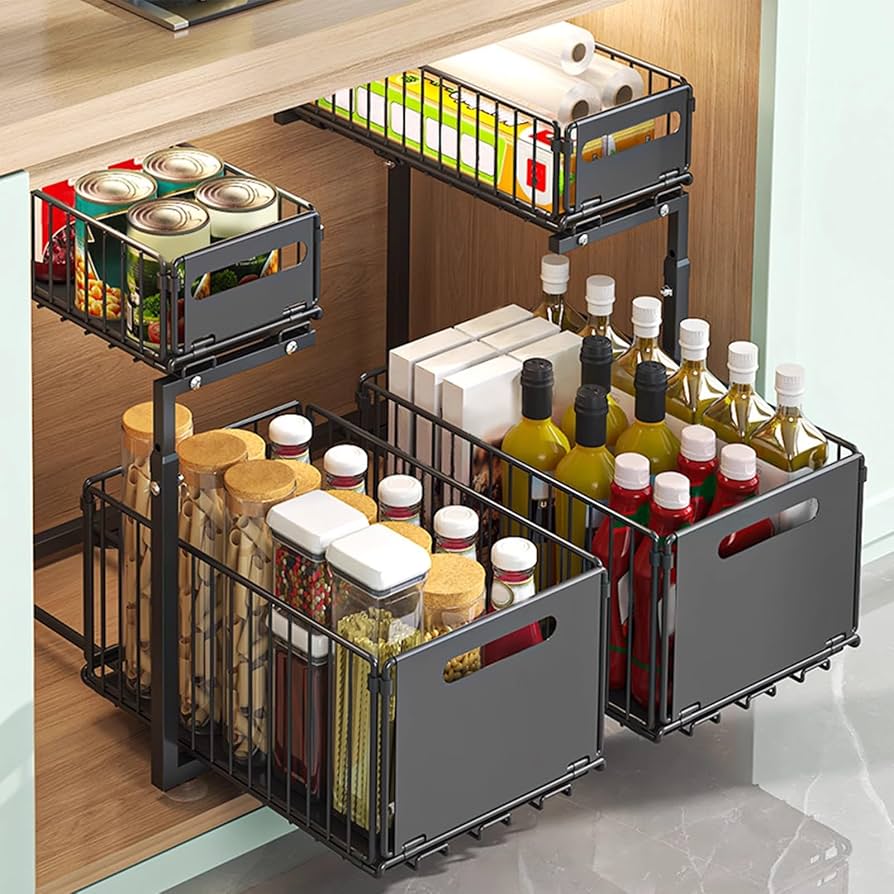 Organisateur de Placard 2 Niveaux Coulissant – Rangement Cuisine Sous Évier