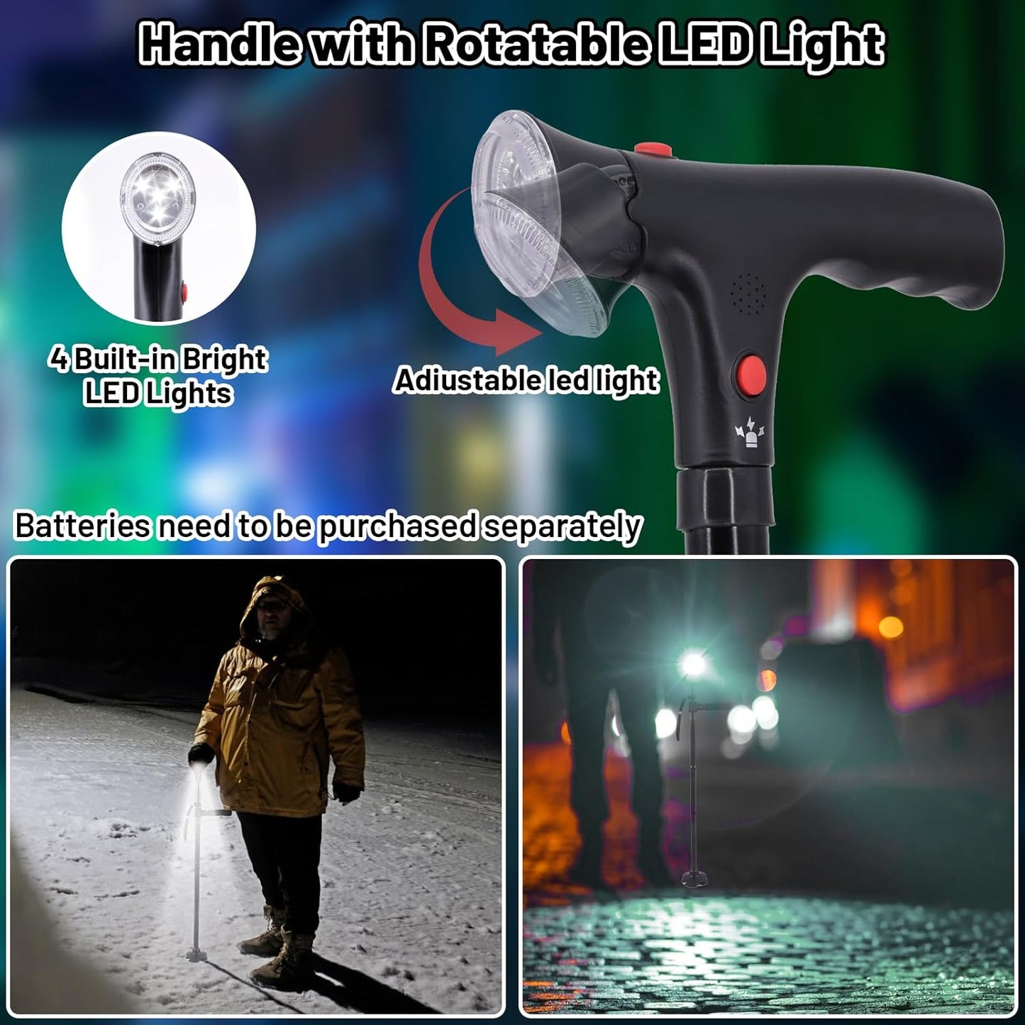 Bâton de Marche Réglable pour Seniors avec Alarme SOS Lumière LED