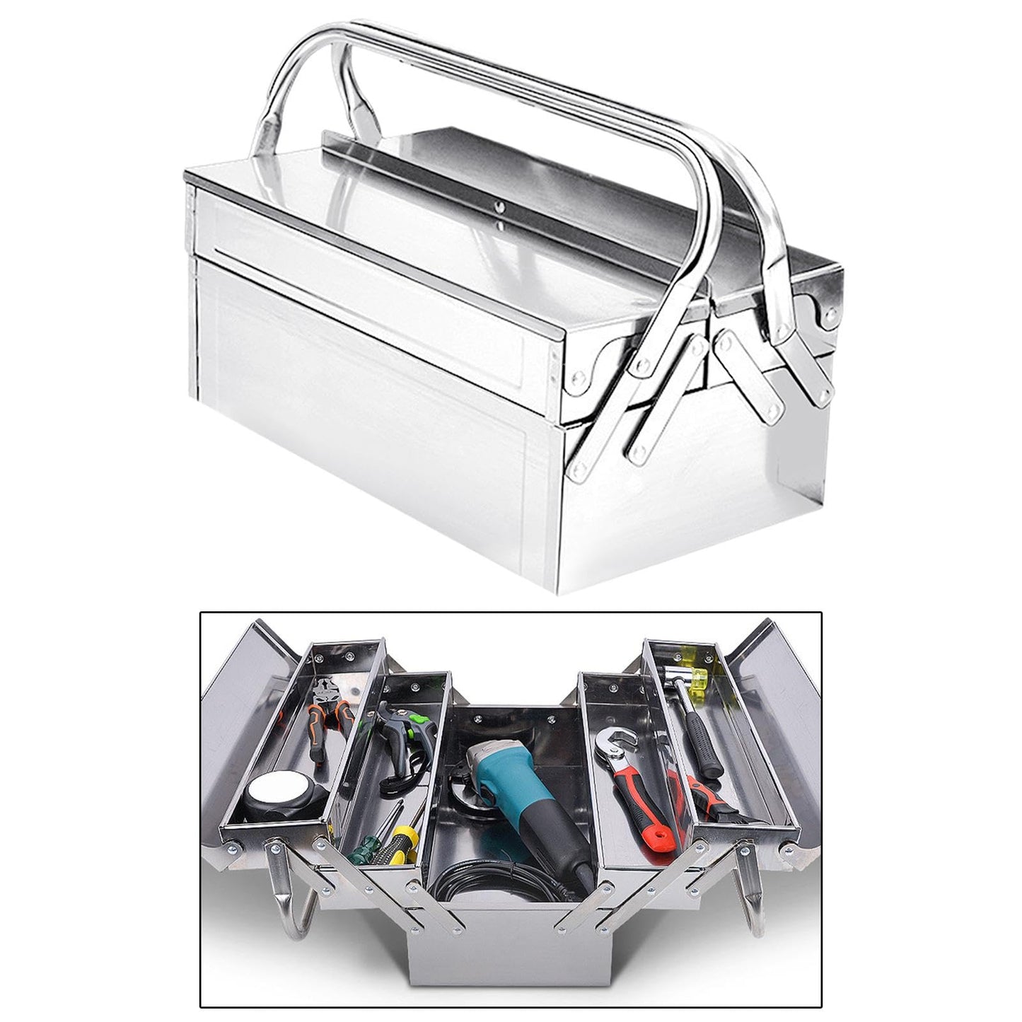 Boîte à outils en acier inoxydable avec compartiments extensibles