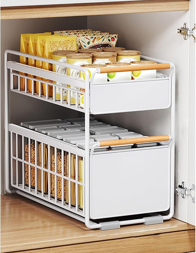 Organisateur de Placard Coulissant Multi-Niveaux avec Poignées en Bois – Rangement Cuisine Premium