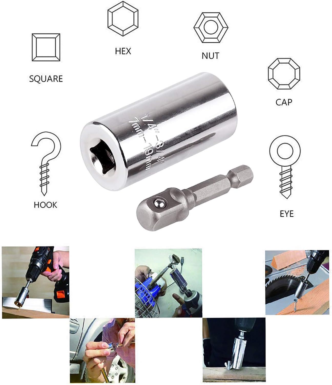 Douille Universelle avec Adaptateur Perceuse – S'adapte à Tous les Boulons 7-19mm