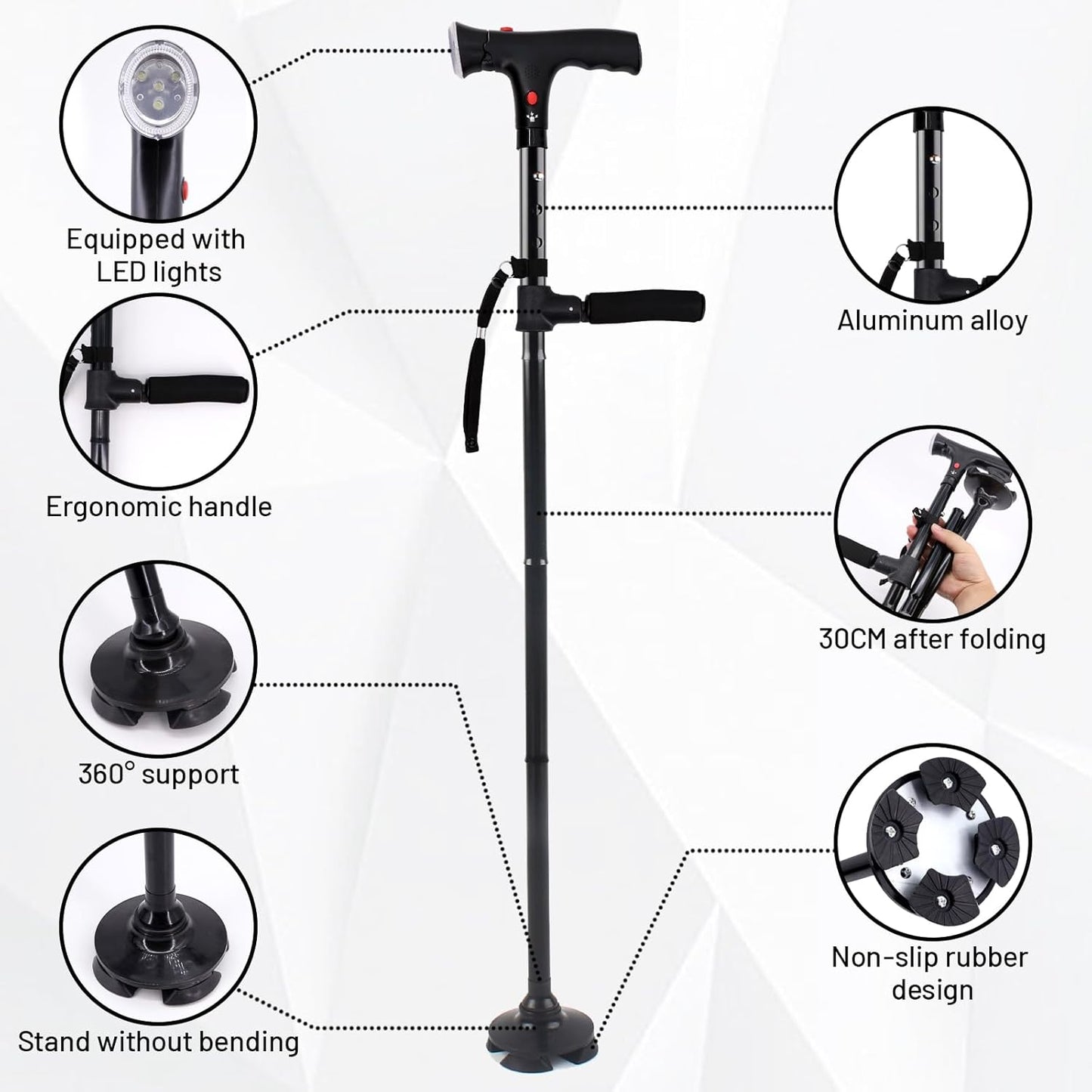 Bâton de Marche Réglable pour Seniors avec Alarme SOS Lumière LED