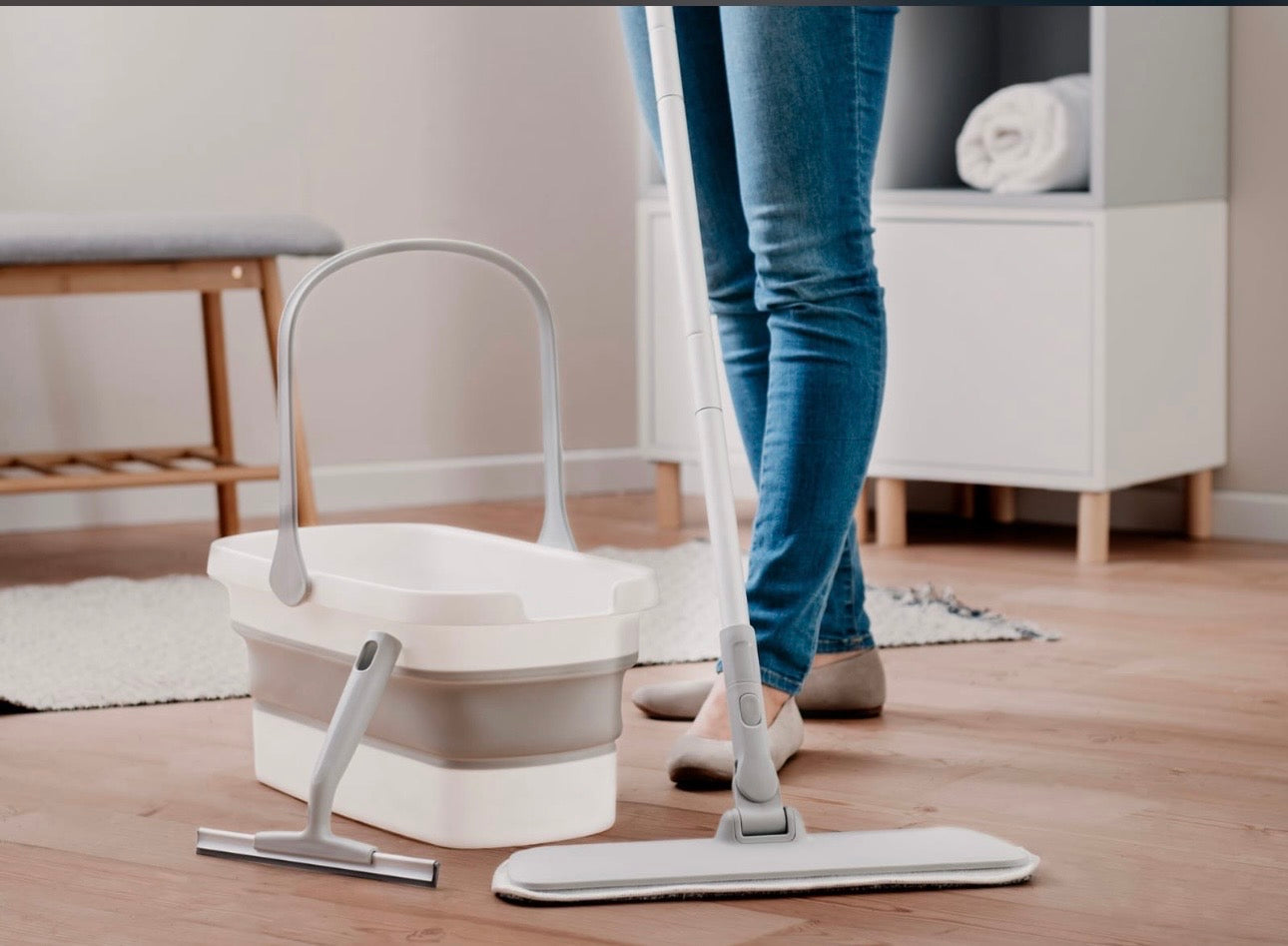 Ensemble Serpillière Plate avec Seau Pliable – Nettoyage Pratique & Gain de Place