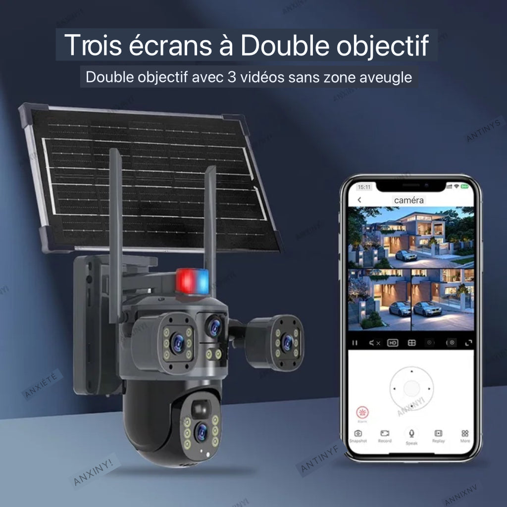 Caméra de Surveillance Extérieure Solaire 4G / WiFi – Triple Lentille 360° | Sécurité Intelligente & Autonome