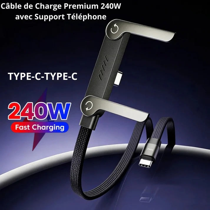 Câble Type-C 240W Ultra Rapide avec Support Téléphone Intégré