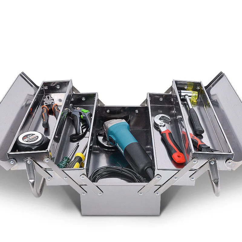 Boîte à outils en acier inoxydable avec compartiments extensibles
