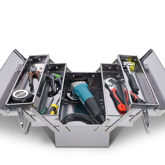 Boîte à outils en acier inoxydable avec compartiments extensibles