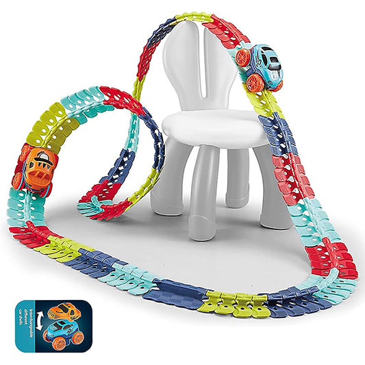 Circuit de voitures miniatures à monter soi-même (138 pièces) avec éclairage brillant et système anti-déraillement pour adultes.