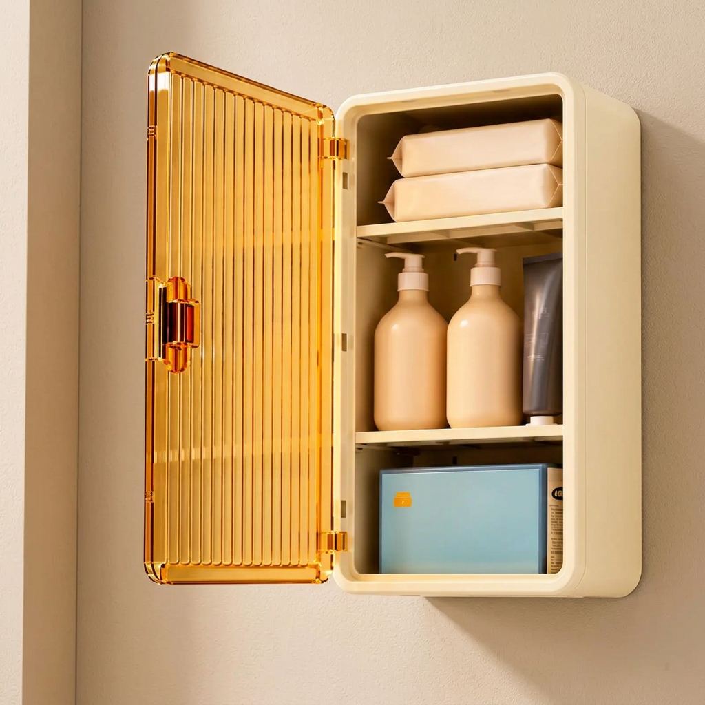 Armoire ouverte avec produits rangés