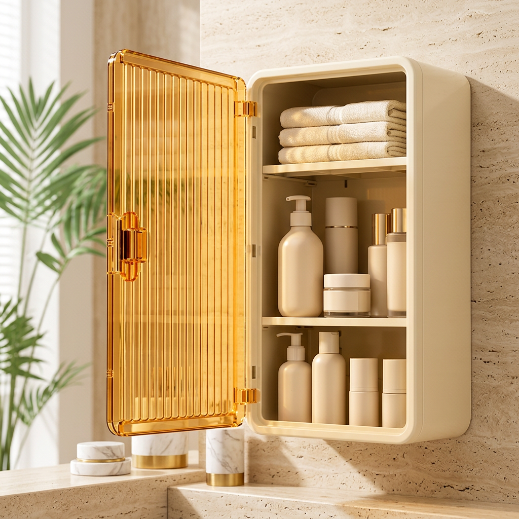 Armoire ouverte dans une salle de bain en travertin