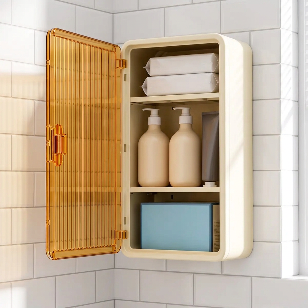 Armoire ouverte sur carrelage blanc