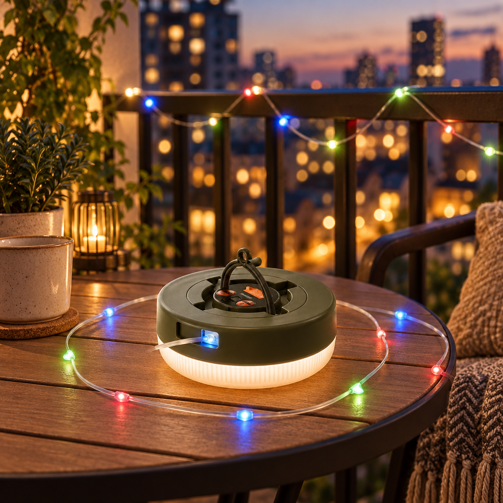 Guirlande sur un balcon en soirée