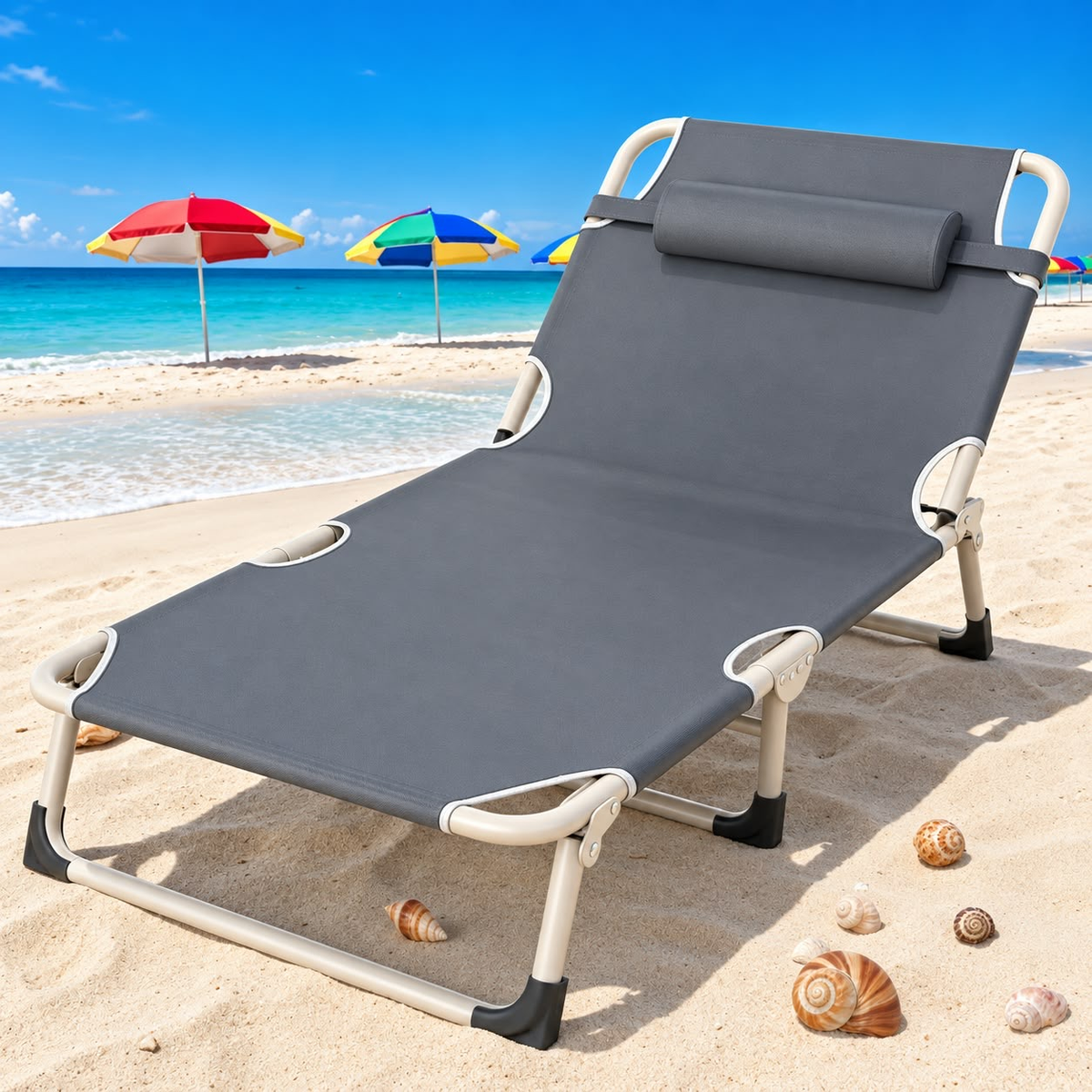 Transat de Plage Pliable Gris – Chaise Longue Bain de Soleil Multi-Positions