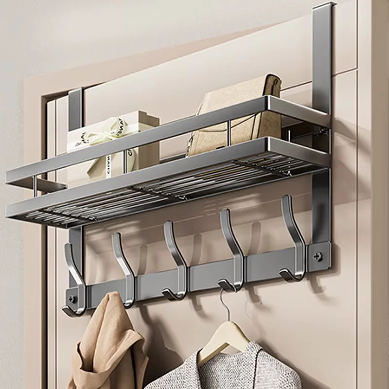 Porte-Manteau Mural avec Étagère & 5 Crochets Doubles – Métal Gris Anthracite