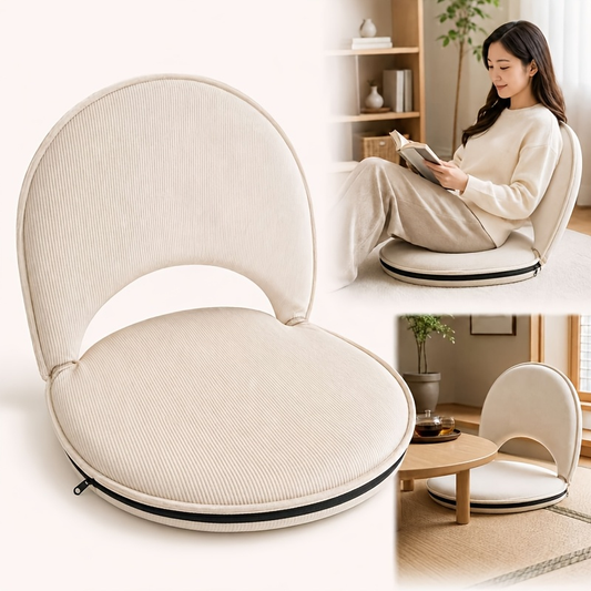 Fauteuil de sol rond beige avec assise coussinée et dossier arrondi