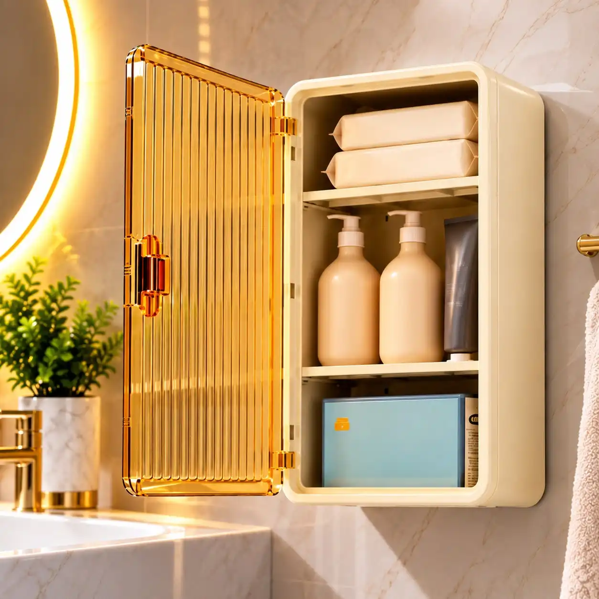 Armoire murale crème avec porte ambrée ouverte et compartiments