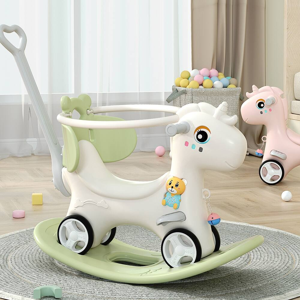 Cheval à bascule blanc et vert avec dossier, arceau et roues
