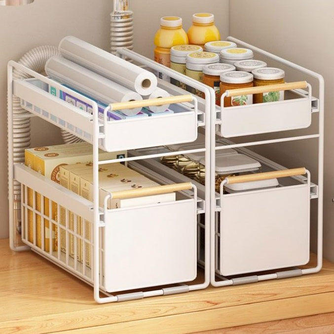 Organisateur de Placard Coulissant Multi-Niveaux avec Poignées en Bois – Rangement Cuisine Premium