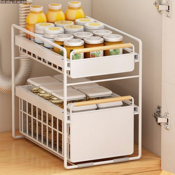 Organisateur de Placard Coulissant Multi-Niveaux avec Poignées en Bois – Rangement Cuisine Premium