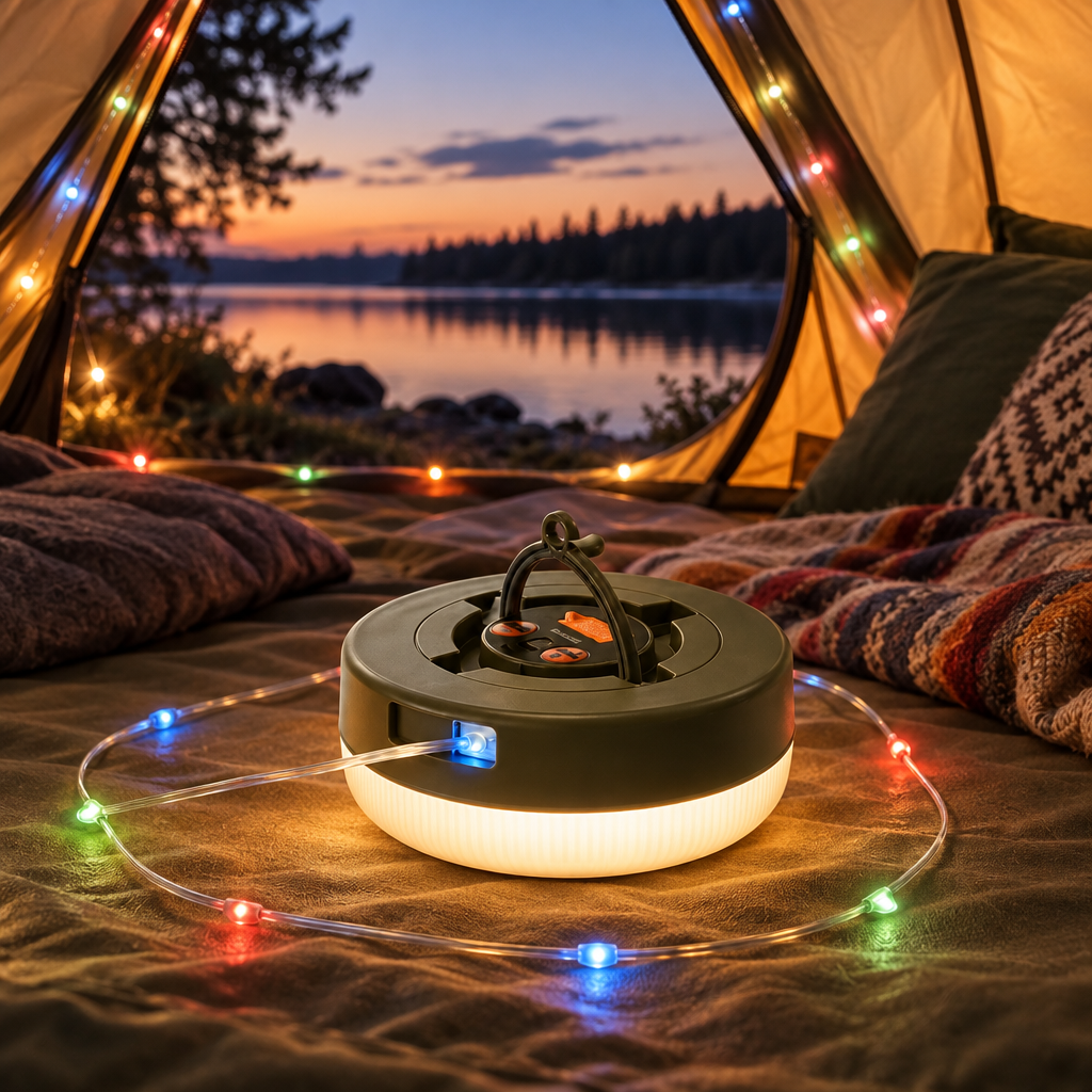 Lampe et guirlande dans une tente