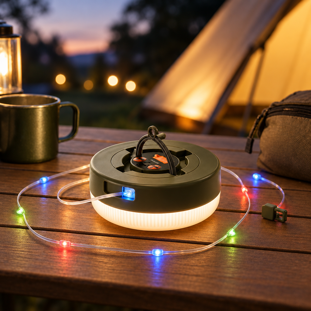 Lampe sur une table de camping au crépuscule