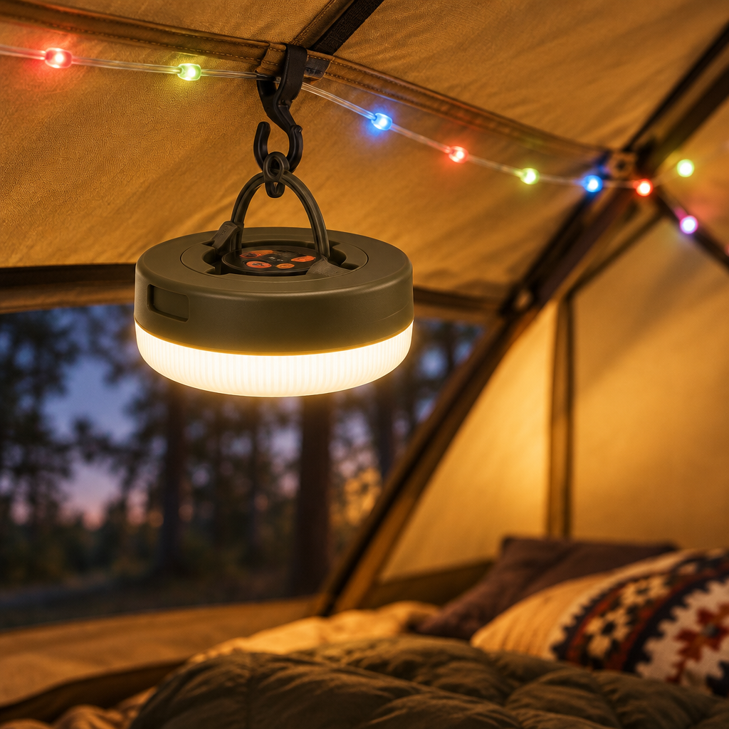 Lampe suspendue dans une tente
