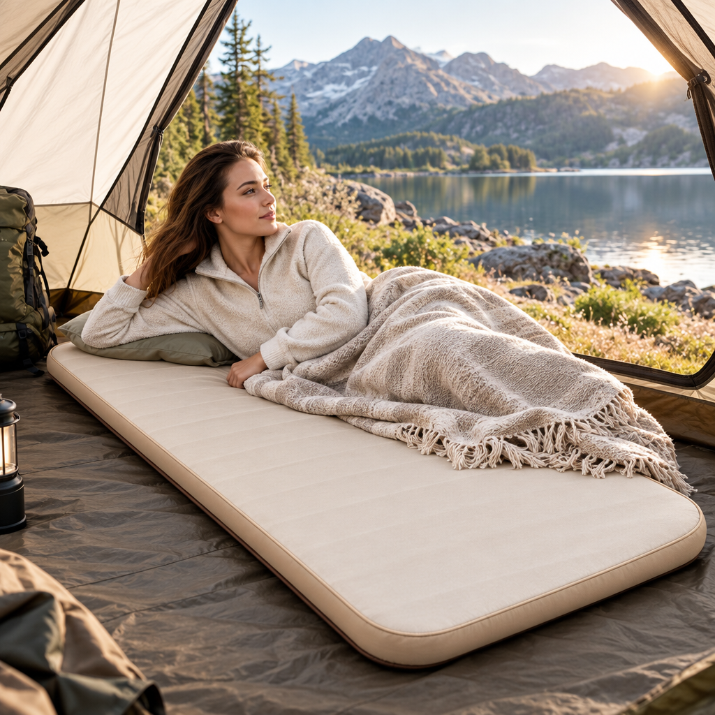 Matelas dans une tente au bord d’un lac