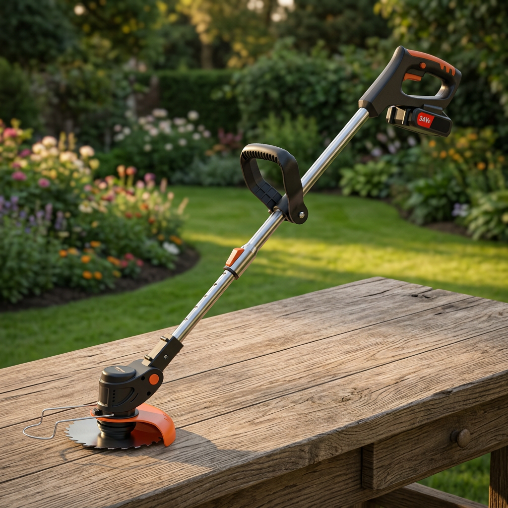 Outil présenté sur un établi au jardin