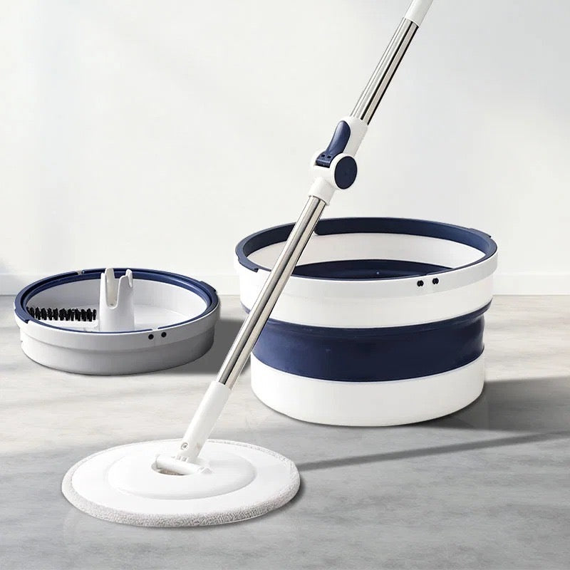 Balai Serpillière Rotatif 360° avec Seau Pliable – Blanc & Marine