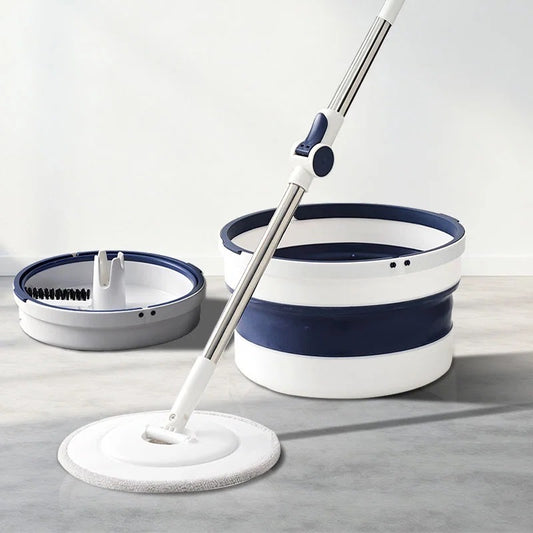 Balai Serpillière Rotatif 360° avec Seau Pliable – Blanc & Marine
