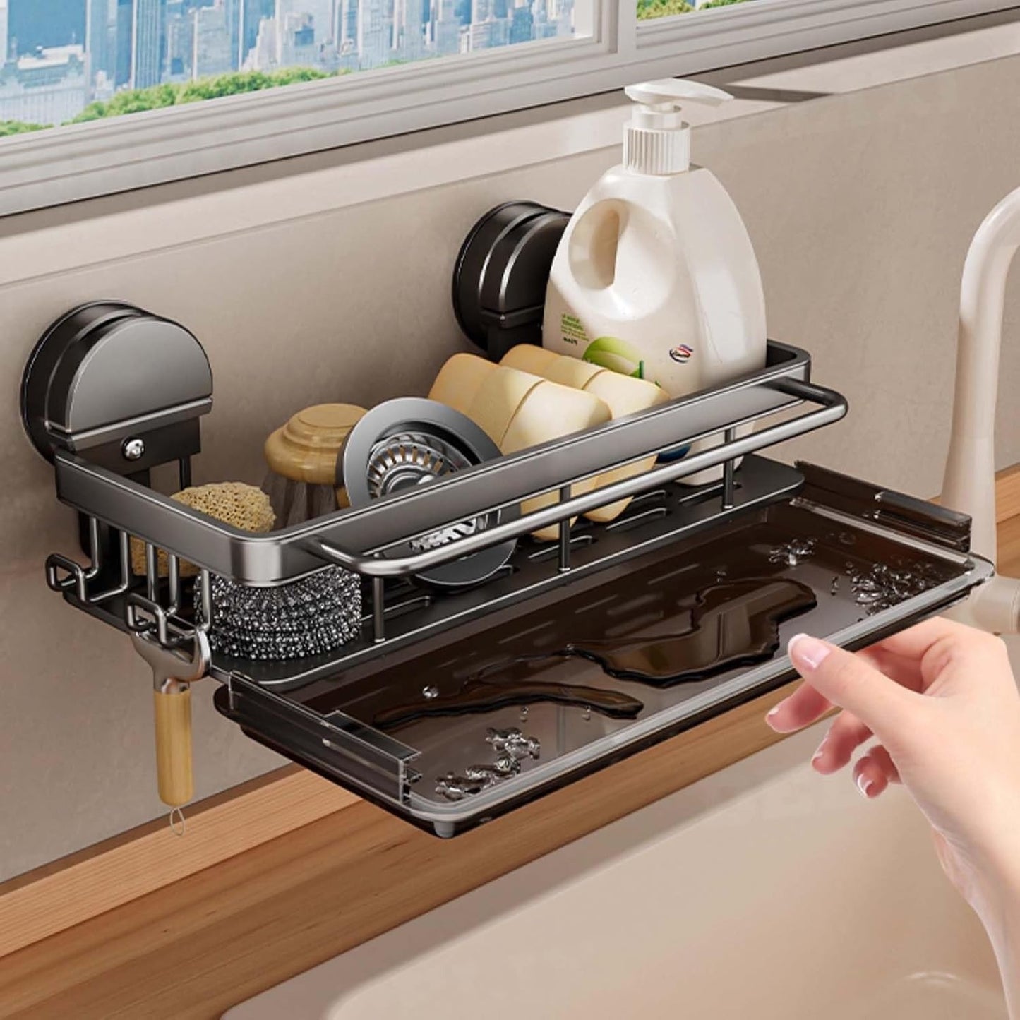 Organisateur d'Évier avec Ventouses & Plateau Drainant – Rangement Cuisine Premium Noir