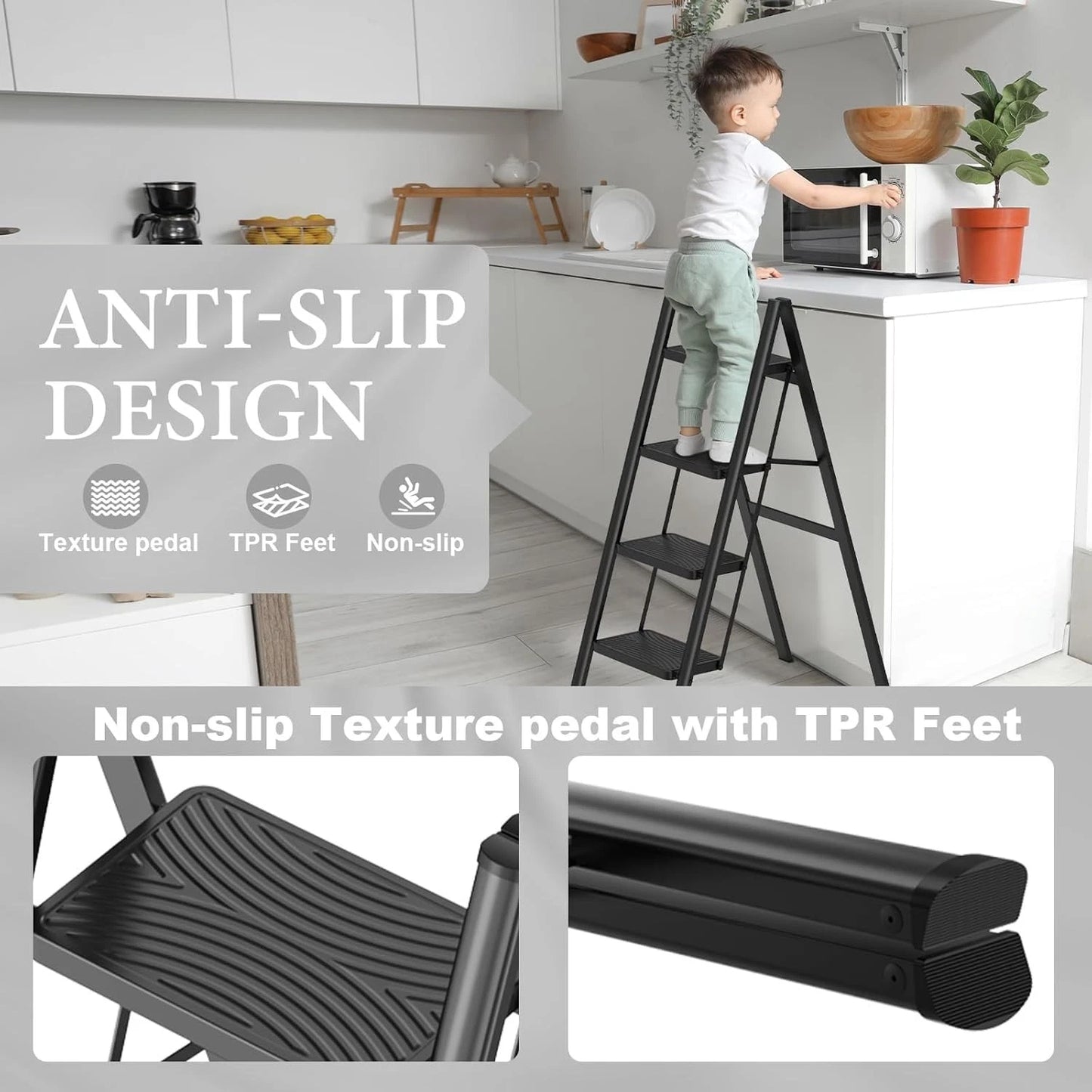 Escabeau Pliable 4 Marches en Métal Noir – Antidérapant 150 kg