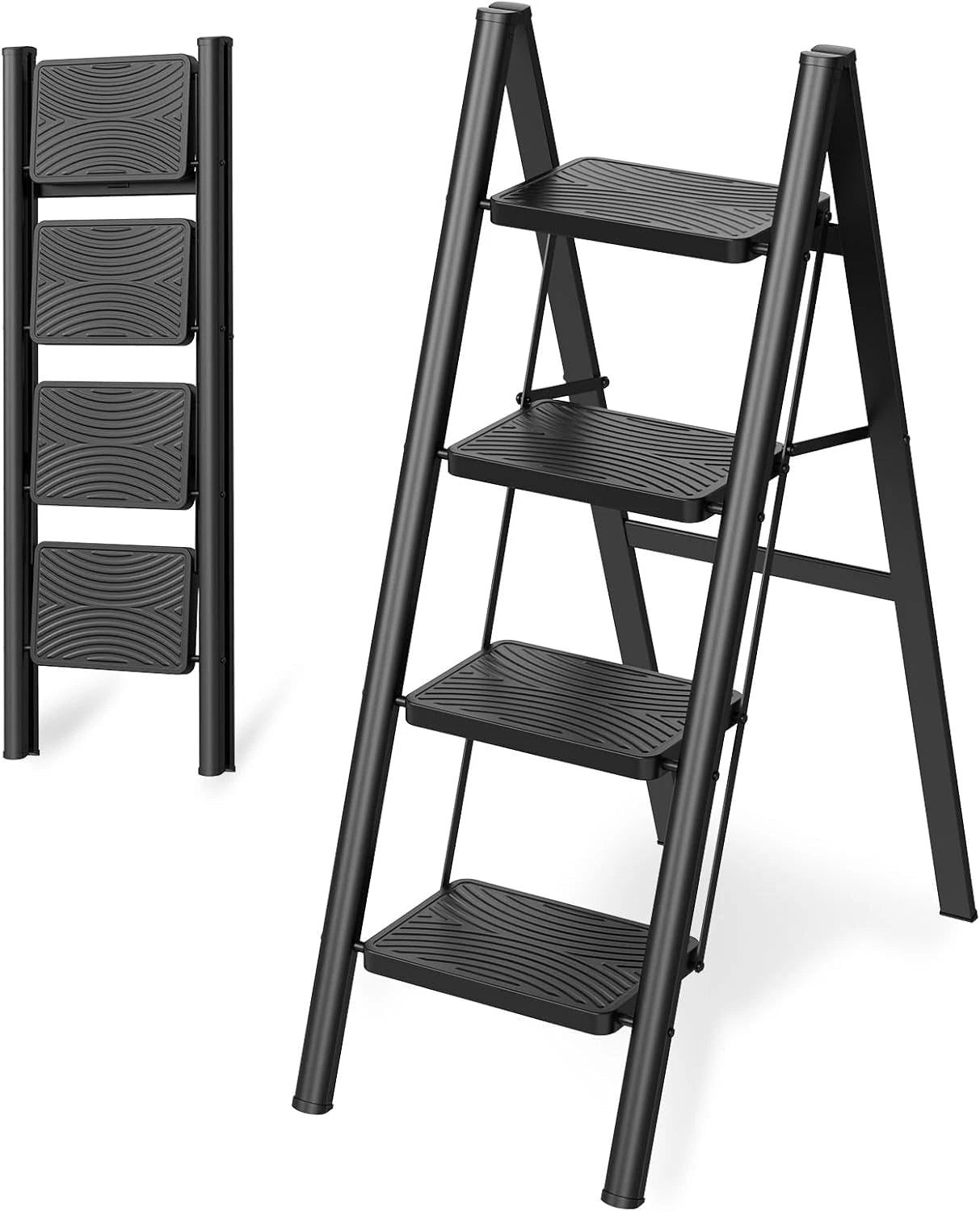 Escabeau Pliable 4 Marches en Métal Noir – Antidérapant 150 kg